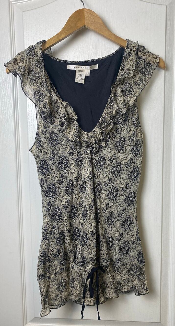 Max Studio Y2K Whimsygoth Dark Fairy Goth Silk Black Cream Blouse Size Large